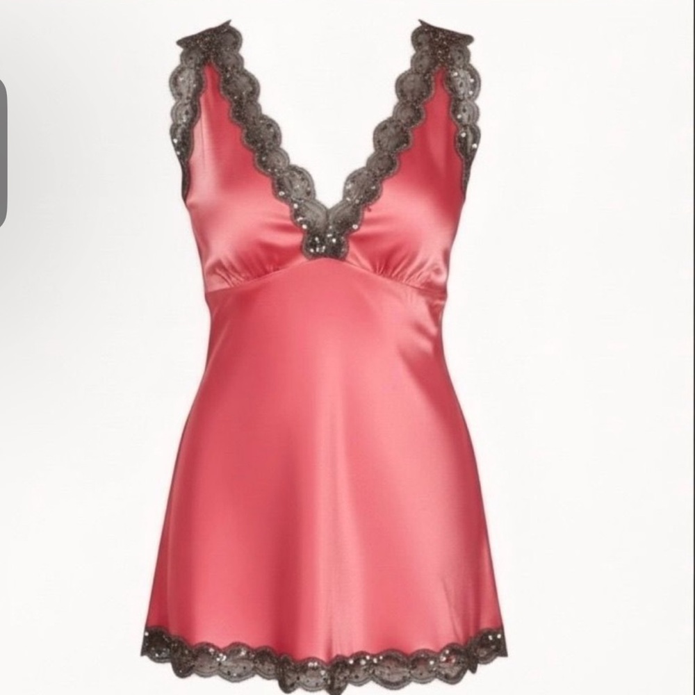 Satin Lace-Trim V-Neck Slip - Pink
